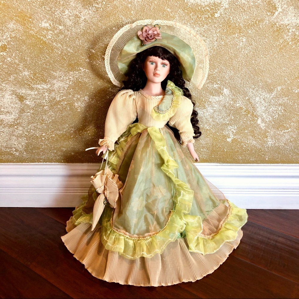 Porcelain Doll in Green and Cream Ruffled Dress with Bonnet